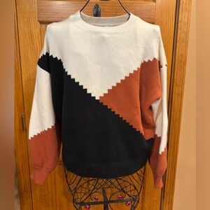 Grace + Karma Colorblock Rusty Orange Cream & Black Long Sleeve Sweater Large